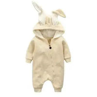 Soft pink Bunny Ear Baby Onesies by MANDOTOS featuring adorable bunny ear hood and cozy fabric for infants.