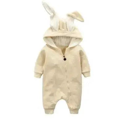 Pink bunny ear baby onesie by MANDOTOS, soft fabric with adorable bunny ear hood, perfect for baby girls and boys.
