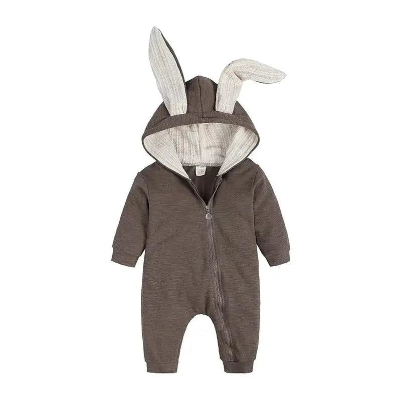 Pink Bunny Ear Baby Onesies by MANDOTOS featuring adorable bunny ear hood and soft fabric for cute, comfortable babywear.