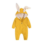 Pink bunny ear baby onesie by MANDOTOS, soft fabric with adorable bunny ear hood for infants and toddlers.