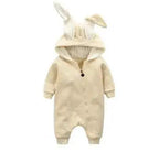 Mandotos Bunny Ear Baby Onesie featuring soft fabric and adorable bunny ear hood for infants.