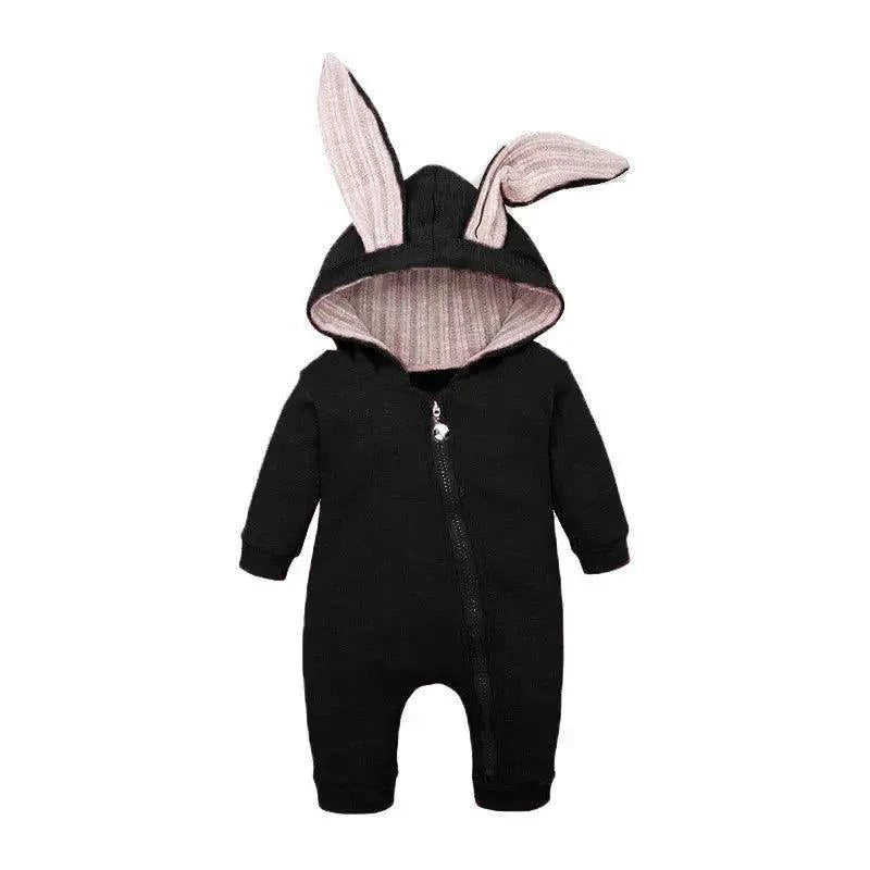 Mandotos Bunny Ear Baby Onesie featuring soft fabric and adorable bunny ear hood for infants.
