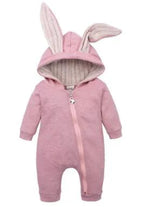 Pink bunny ear baby onesie by MANDOTOS featuring soft fabric and adorable bunny ear hood for cute, comfortable baby wear.