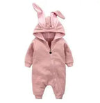 Mandotos Bunny Ear Baby Onesies featuring soft fabric and adorable bunny ear hood for cute, comfortable baby wear.