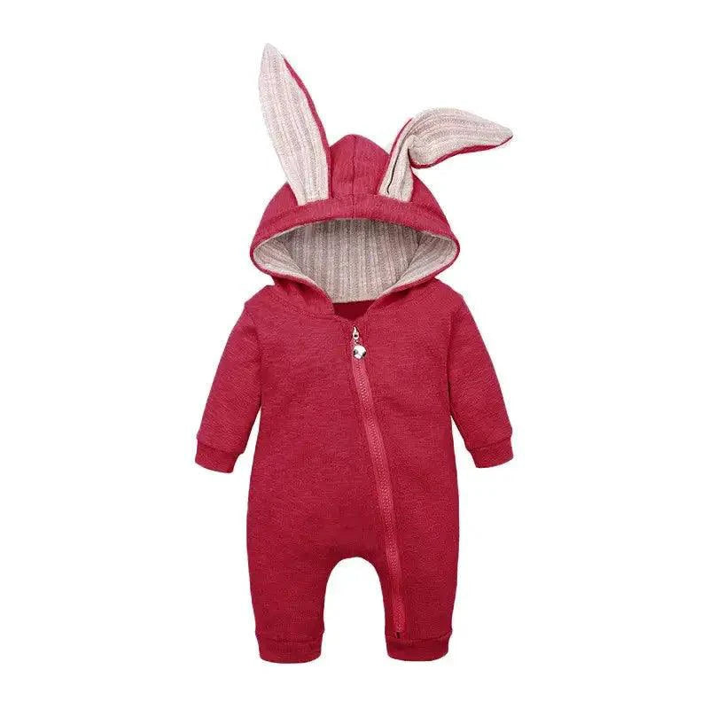 Pink bunny ear baby onesie by MANDOTOS, soft cotton fabric with adorable bunny ear hood for cute infant comfort.