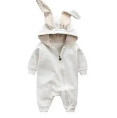 Pink bunny ear baby onesie by MANDOTOS, featuring soft fabric and adorable bunny ear hood for infants.