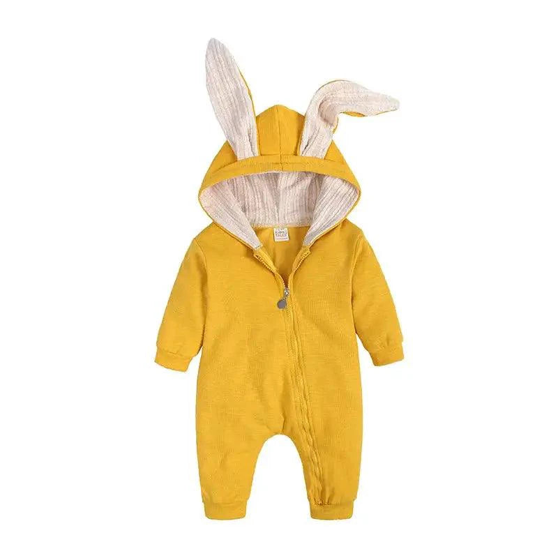 Cute bunny ear baby onesie by MANDOTOS, soft fabric with adorable bunny ear hood for infants.