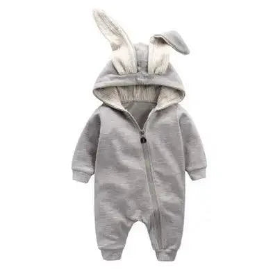 Pink bunny ear baby onesie by MANDOTOS, featuring soft fabric and adorable bunny ear hood for infants.