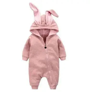 Soft white bunny ear baby onesie by MANDOTOS with adorable bunny ear hood and cozy fabric, perfect for little ones.