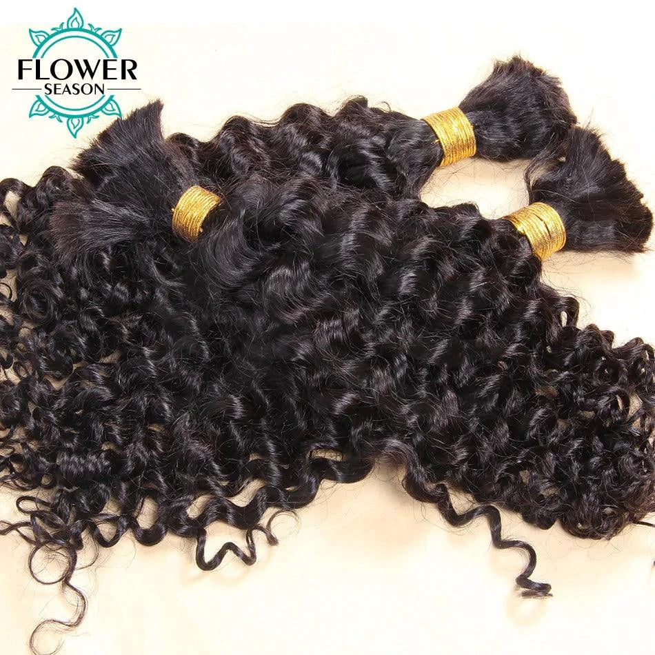 Mandotos Burmese Boho Braids double drawn curly human hair extensions in three bundles, ideal for braiding and styling.