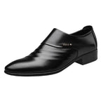 Mandotos men's casual pointed toe leather shoes showing sleek design and smooth black leather material.