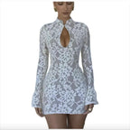 Mandotos chic hollow-out bell sleeve dress featuring stylish cutouts and flowing fabric, perfect for elegant occasions.