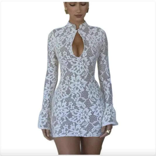 Mandotos chic hollow-out bell sleeve dress featuring stylish cutouts, long bell sleeves, and a modern elegant design.