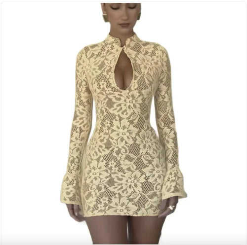 Mandotos chic hollow-out bell sleeve dress featuring stylish bell sleeves and a modern cut, perfect for elegant occasions.