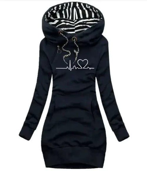 Mandotos chic hooded sweatshirt dress with a relaxed fit, featuring a hood, long sleeves, and casual style.