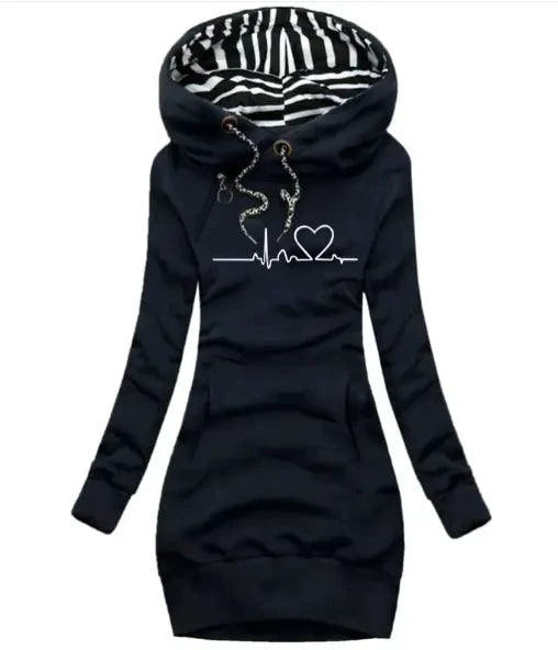 Mandotos chic hooded sweatshirt dress featuring a relaxed fit, cozy fabric, and a stylish hood for casual wear.