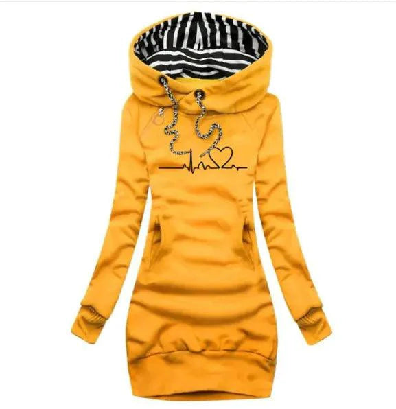 Mandotos chic hooded sweatshirt dress featuring a cozy fit, front pocket, and casual style perfect for relaxed wear.