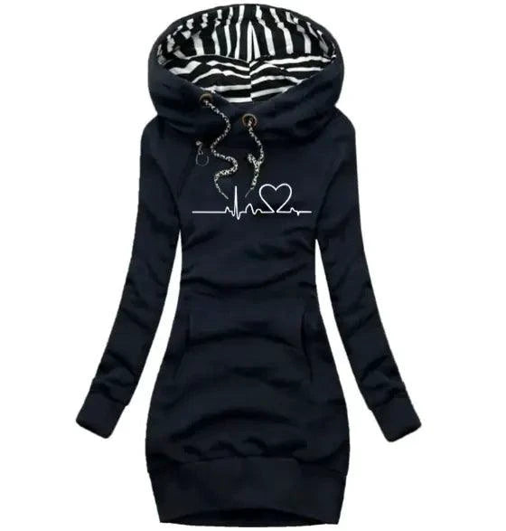 Mandotos chic hooded sweatshirt dress with relaxed fit and cozy fabric, perfect for casual wear and stylish comfort.