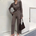 Mandotos chic knit collared ensemble featuring a cozy knit top and matching skirt, stylish and comfortable for casual wear.