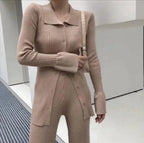 Mandotos chic knit collared ensemble featuring a stylish knit top and matching bottom in soft, cozy fabric.
