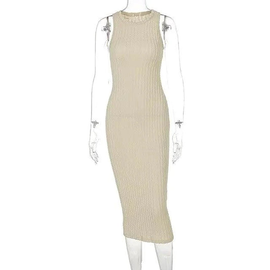 Mandotos chic knitted tank sweater dress displayed in a neutral color, featuring a sleeveless design and cozy knit texture.