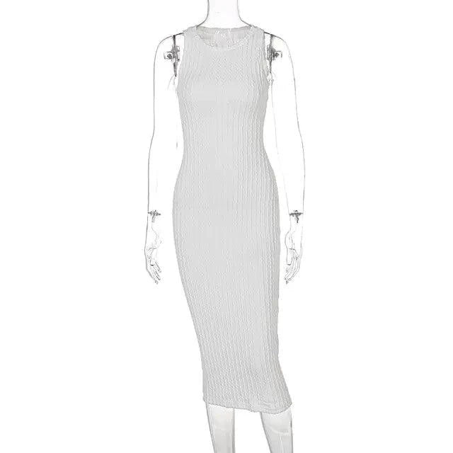 Mandotos chic knitted tank sweater dress featuring a fitted design, soft fabric, and stylish sleeveless silhouette.