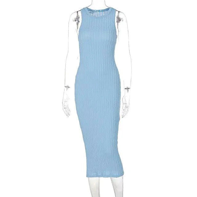 Mandotos chic knitted tank sweater dress with a fitted silhouette, seamless design, and soft, textured fabric for a stylish look.