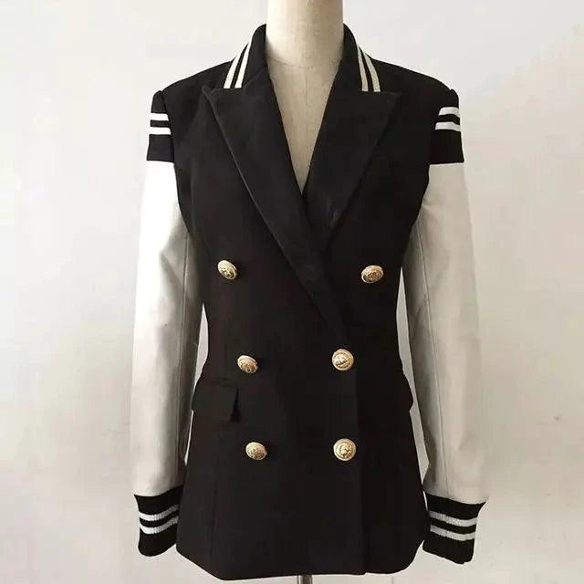 Mandotos chic leather blazer coat featuring a tailored fit, classic lapels, and sleek design, perfect for stylish layering.