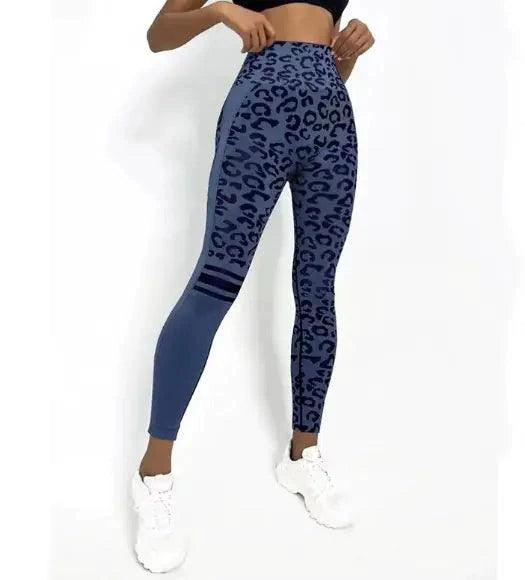 Mandotos chic leopard print high-rise yoga tights, form-fitting with a comfortable waistband, designed for active wear and stylish workouts.