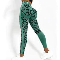 Mandotos chic leopard print high-rise yoga tights laid flat, showcasing their stylish design and comfortable fit.