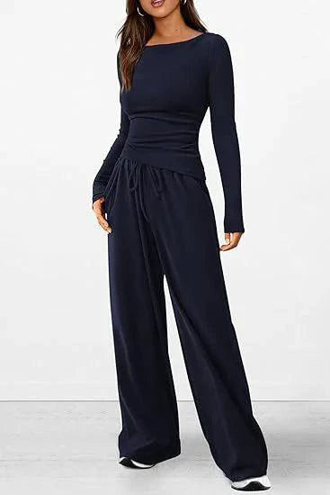 Mandotos chic long-sleeve trousers set featuring a stylish top and matching pants, perfect for casual or semi-formal wear.