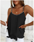 Mandotos chic pearl pleated tank top featuring a stylish design, lightweight fabric, and elegant pleats for a fashionable look.