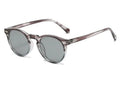 Mandotos chic round UV-block sunglasses with dark tinted lenses and thin metal frames on a white background.