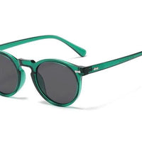 Mandotos chic round UV-block sunglasses with black frames and dark lenses, stylish and protective eyewear for sunny days.