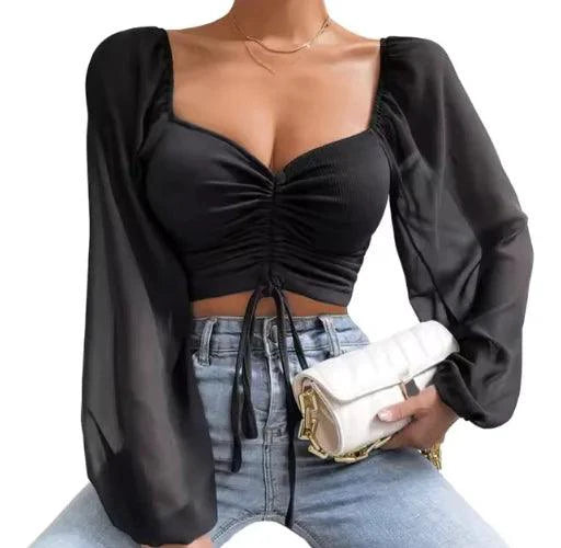 Mandotos chic V-neck crop top with balloon sleeves, stylish and trendy fashion top for casual or dressy occasions.