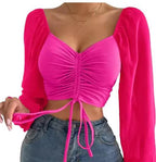 Mandotos chic V-neck balloon sleeve crop top featuring a stylish design and comfortable fit, perfect for casual wear.
