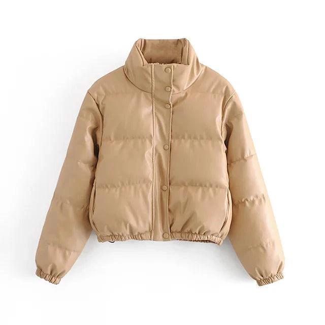 Mandotos chic winter PU leather jacket displayed on a hanger, showcasing a stylish and sleek design for cold weather fashion.
