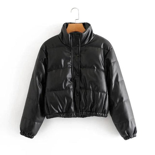 Mandotos chic winter PU leather jacket featuring a stylish design, perfect for cold weather with a smooth, sleek finish.
