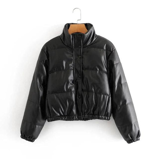 Mandotos chic winter PU leather jacket featuring a stylish design, perfect for cold weather with a smooth, sleek finish.