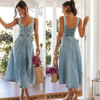 Mandotos CitySleek denim midi dress featuring a fitted silhouette, classic denim fabric, and adjustable shoulder straps.