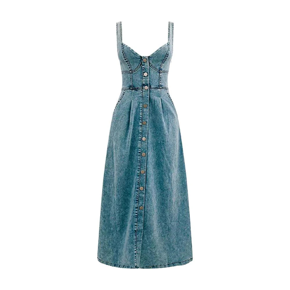Mandotos CitySleek denim midi dress featuring a fitted silhouette, classic button-front design, and stylish collar detail.