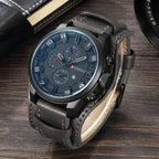 Classic Gents Leather Watch by MANDOTOS with a round dial and brown leather strap, showcasing elegant men's wristwatch design.