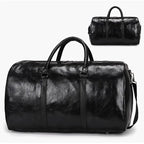 Mandotos Classic Leather Duffel Bag with sturdy handles and spacious interior, ideal for travel and weekend trips.