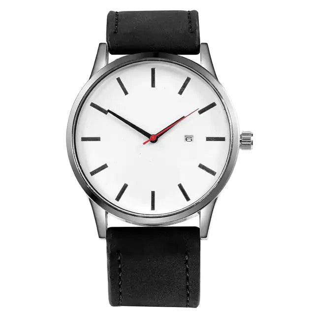 Mandotos Classic Leather Timepiece featuring a round dial, leather strap, and elegant design on a white background.