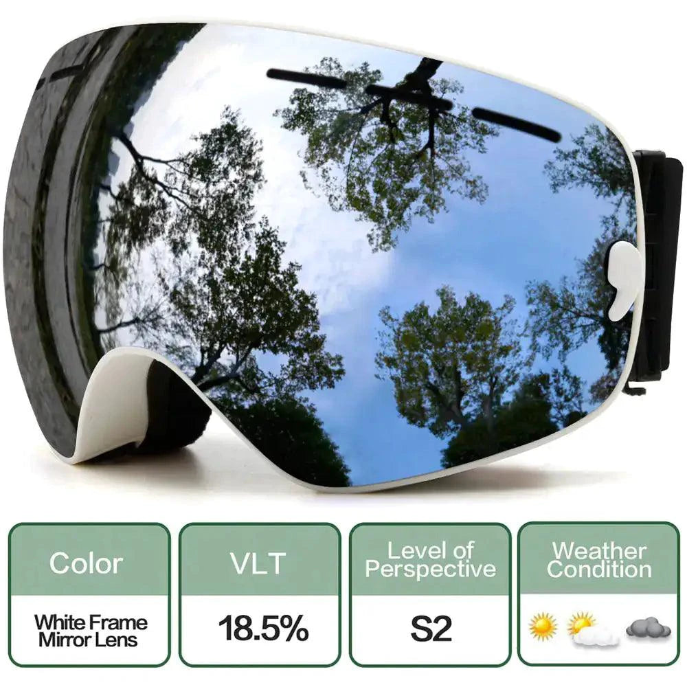 Mandotos ClearView anti-fog ski goggles with adjustable strap and wide lens for enhanced visibility on snowy slopes.