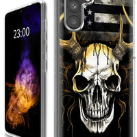 MANDOTOS ClearView DualGuard case with bold American flag skull design for Samsung A13 5G, featuring rugged protection and patriotic style.