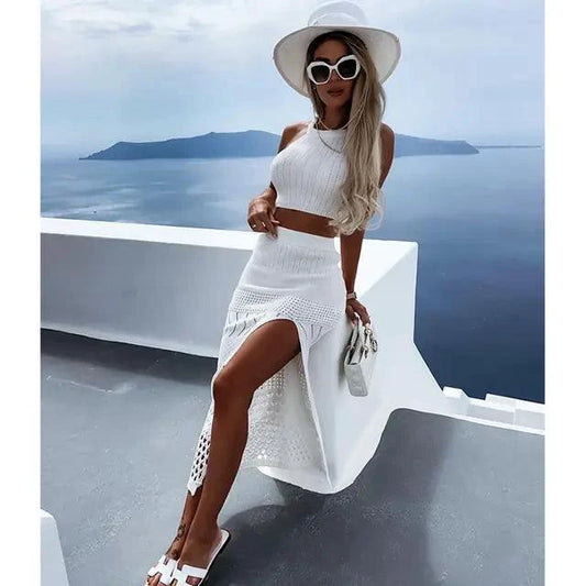 Mandotos Coastal Chic beach knit skirt set with a flowing skirt and matching top, perfect for effortless summer style.