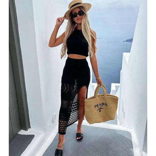 Mandotos Coastal Chic beach knit skirt set with a flowing skirt and matching top, perfect for casual summer wear.
