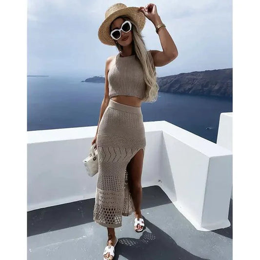 Mandotos Coastal Chic beach knit skirt set featuring a stylish, comfortable two-piece outfit perfect for beach or casual wear.