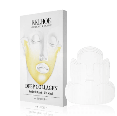 Mandotos Collagen Lifting Face Mask showing a woman with a mask applied, promoting skin firming and rejuvenation.